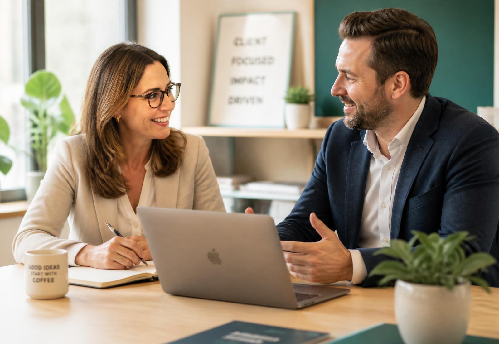 Two EvanLee Solutions consultants talking through a business plan at a table